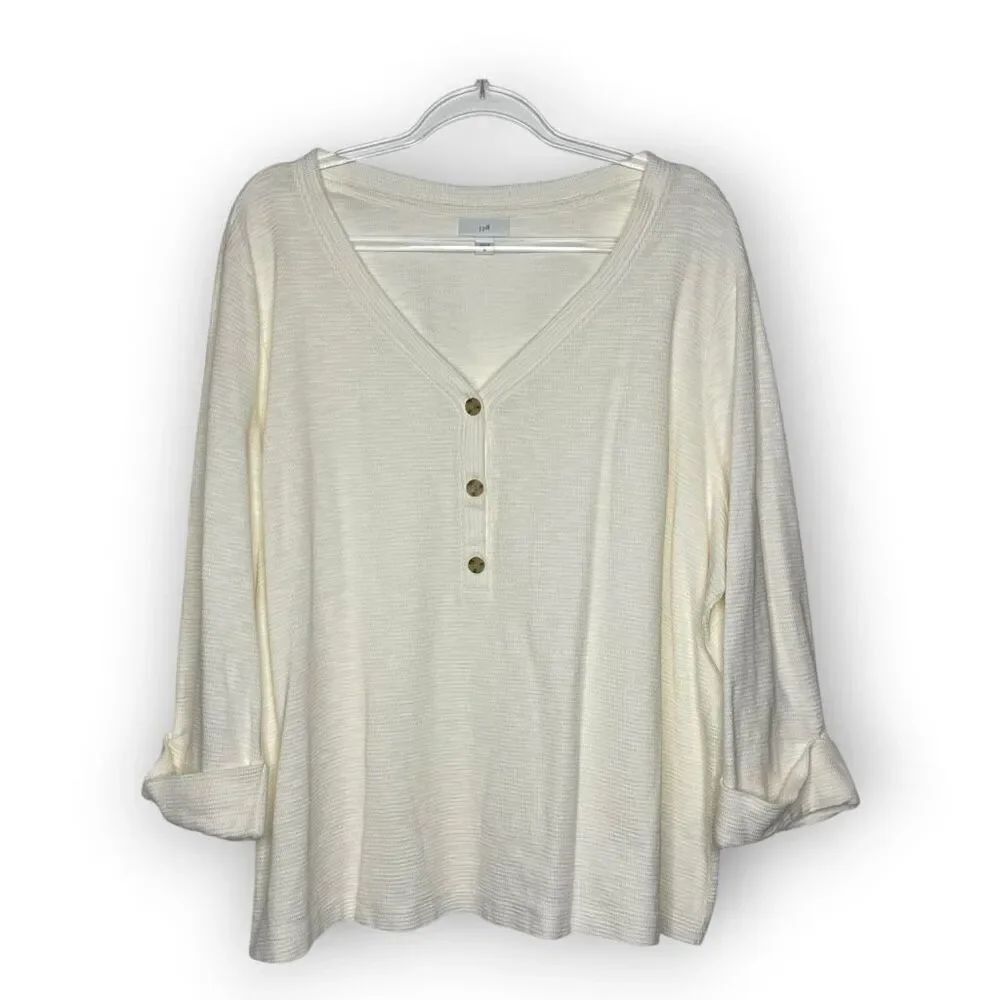J. Jill Cream 3/4 Sleeve Waffle Henley Shirt Top Blouse Sweater Women’s Plus 3X
